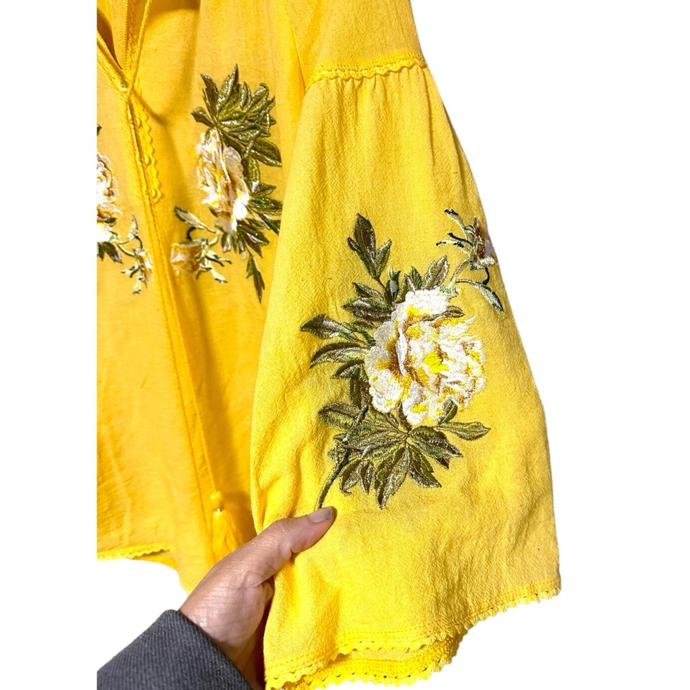 Floral Embrodiered Boho Flowy Yellow Top - Picture 3 of 13
